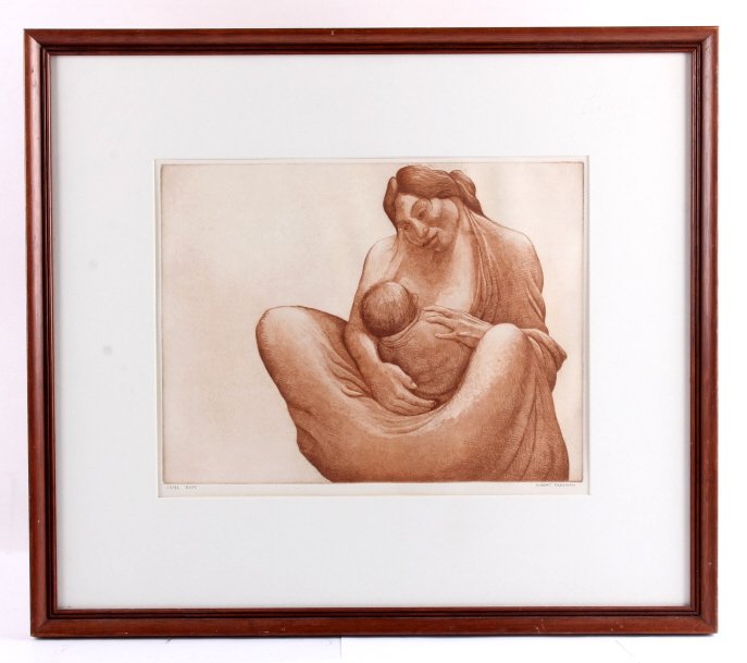 Robert Freeman Native American Etching: This is an original Robert Freeman etching. The etching is titled "Rose" and depicts a Native American woman sharing an intimate moment with her young child. Freeman is an accomplished Native American