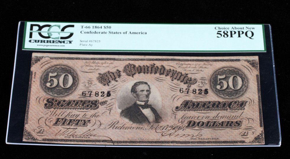 1864 50 Confederate States Of America PCGS Bill: This lot features a PCGS grade 50 dollar bill form the Confederate States of America. The bill received a stunning choice about new 58-PPQ grade. The bill comes in a PCGS custom case.The Confederate S