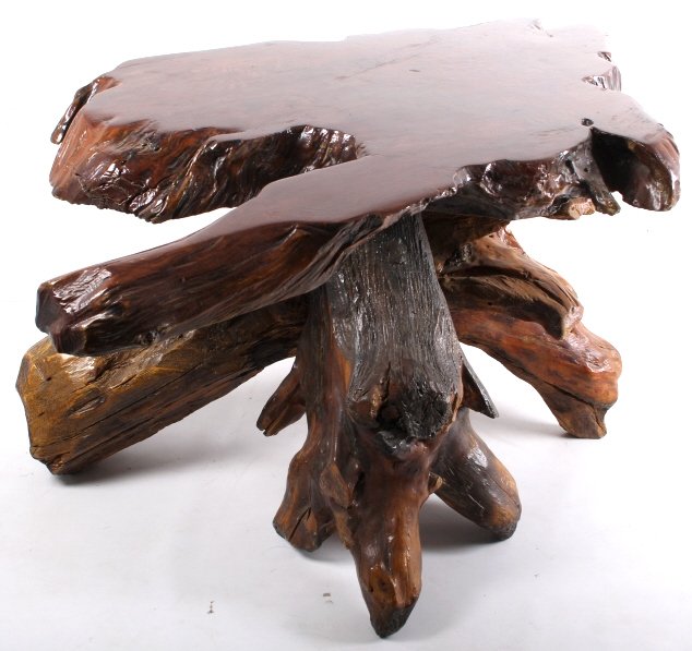 Redwood Burl Slab Coffee Table: This lot contains a beautiful Redwood Burl Coffee Table. It is in good condition. This table is made of a redwood burl slab and root wood. This table is polished to a nice shine and has great characte