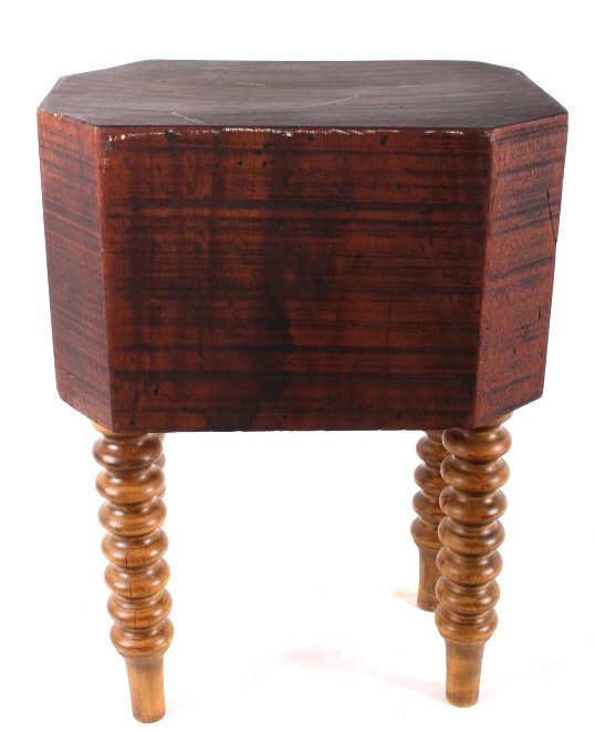 Early Butcher Block Spindle Legs Table: This lot features a an early refinished butcher block table. The table has stunning spindle legs. The wood has a excellent tone and grain. The table makes a great de coir piece for any room. The piece