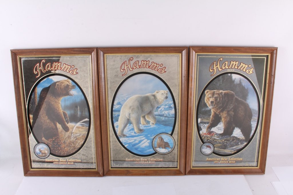 1993 Hamm's American Bear Collection Mirrors: This is a set of three mirrors from the 1993 Hamm's American Bear Collection. The mirrors are the second, third, and fourth in the series. The mirror marked "Second in a Series" shows an Alaskan Brown