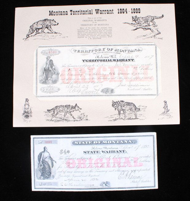 Montana Territory & Montana State Warrant: This lot features a pair of warrants form early Montana history. The first warrant is one issued by the territory of Montana issued in 1887. The second warrant in this lot is a early state of Montana