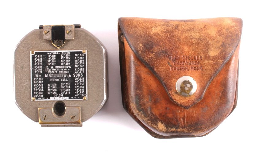 Ainsworth & Sons Pocket Transit Compass w/ Case: This is a pocket transit compass made by Wm. Ainsworth & Sons of Denver, Colorado. The transit comes with a custom made leather case made by Roy Gfeller in Polson, Montana. The transit is in good cond