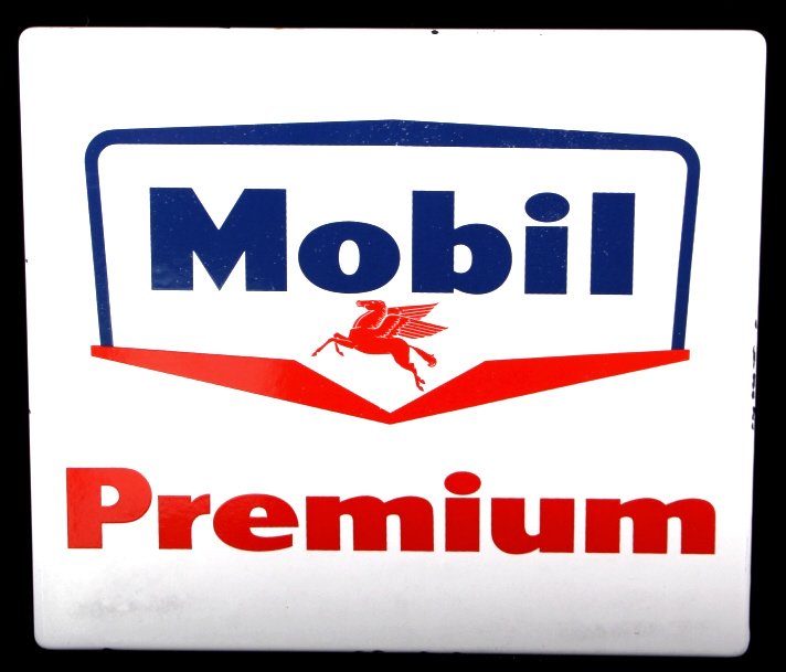 Mobil Porcelain Gas Pump Sign: This is an original Mobil gas pump porcelain sign from a service station. The sign reads "Mobil Premium" and shows the Mobil Pegasus horse logo. The sign is in good overall condition with just some sh