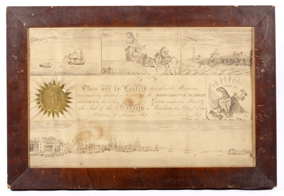 Providence Marine Society Member Certificate 1815: This is an excellent early piece of American history and shows a Providence Marine Society Membership Certificate dated the 4th day of July 1815. The piece is for Samuel Warner. The piece shows a rich
