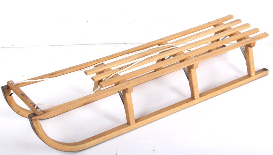 Norwegian Sledge Wood Sled: This lot features Norwegian Sledge Wood Sled. The sled has bent wood runners with iron bottoms and overall good condition. The piece is a Norwegian style and make. Maker unknown. Measures 49 1/2" L x 