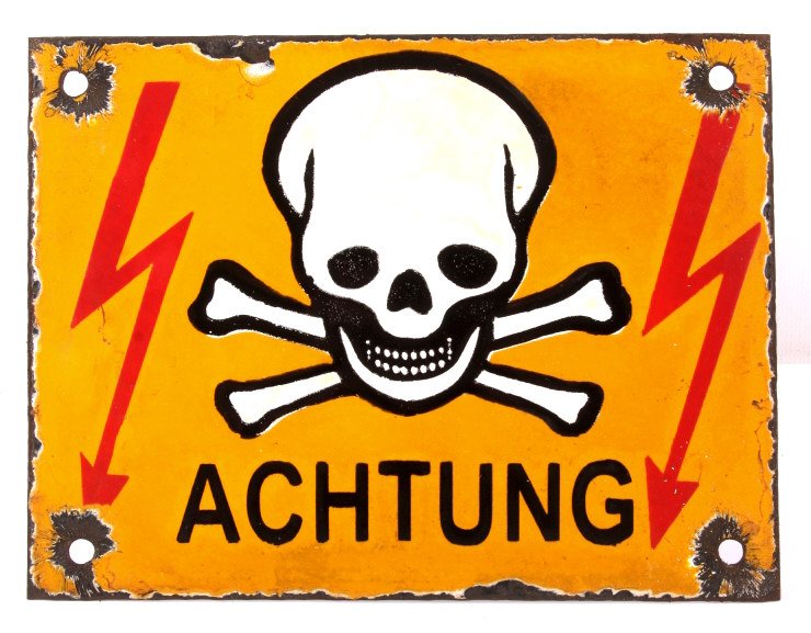 German Achtung Skull Crossed Bones Sign (Nazi): This is a porcelain enamel "Achtung" (meaning warning in German) sign showing a yellow/orange background with white and black skull and crossed bones with excellent red lighting bolts. The sign is bel