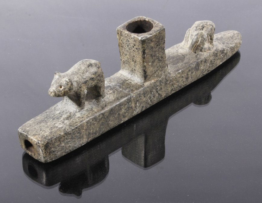 Moundville Mississippian Steatite Bear & Frog Pipe: This is a wonderfully carved Mississippian culture carved steatite pipe showing a bear cub and frog effigy figures from the Moundville Archaeological site. The Moundville Mississippian culture thrived