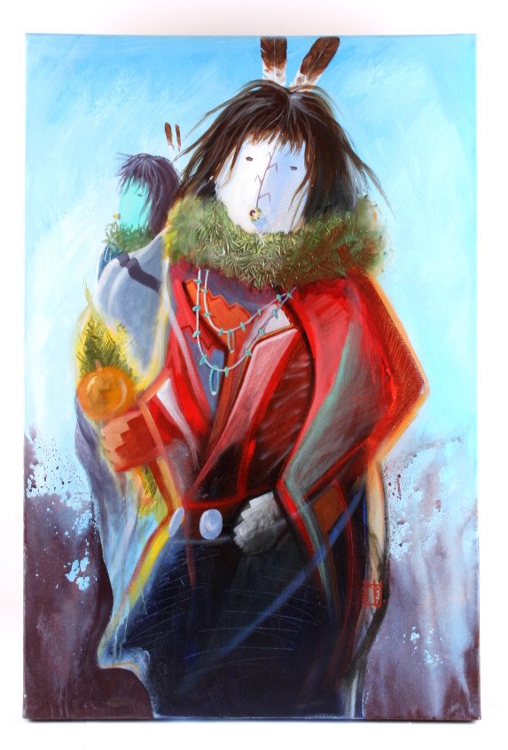 David John Original Oil on Canvas Painting: This is an original oil on canvas painting by Navajo artist David John. The painting shows two Yei Bi Chei figures in this fantastic piece. David John is an accomplished Navajo artist whose works are