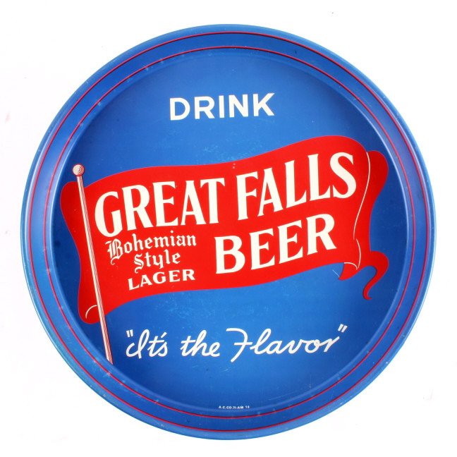 Great Falls Bohemian Style Lager Beer Tray Montana: This is an original Great Falls Beer tray from Great Falls, Montana. The tray reads "Drink Great Falls Bohemian Style Lager Beer It's the Flavor" and shows the red banner logo. The tray is also marked