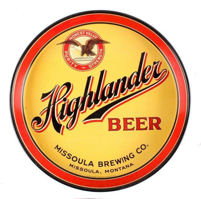 Missoula Brewing Co. Highlander Beer Tray Montana: This is a scarce original Missoula Brewing Company Highlander Beer tray from Missoula, Montana. The tray shows the yellow background with the eagle logo that reads "Honest Value / Purity / Strength".