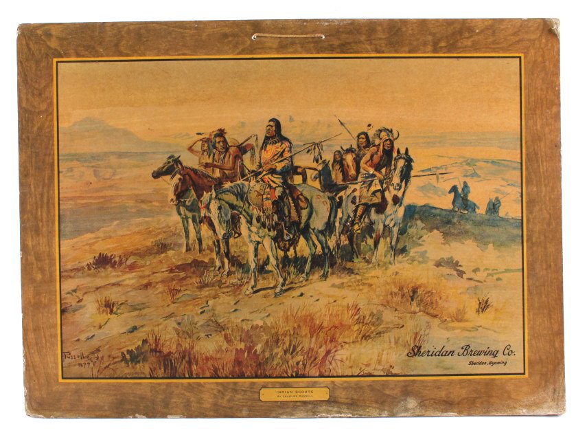Charles Russell Sheridan Brewing Co. Advertisement: This is a Sheridan Brewing Company advertisement that features the artwork of Charles Russell. The piece is titled "Indian Scouts" and shows a group of Native Americans in search of buffalo to hunt. T