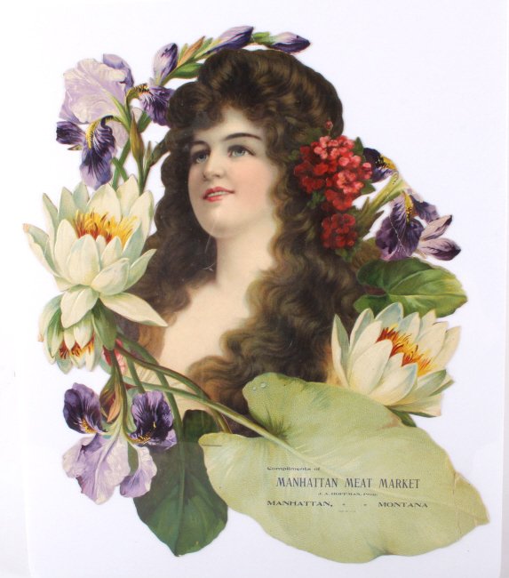Rare Manhattan Meat Market Die Cut Lithograph: This lot features a rare Manhattan Meat Market die cut lithograph. This is in good condition for its age, It does show some creases. This was a advertisement piece that the meat market would distribut