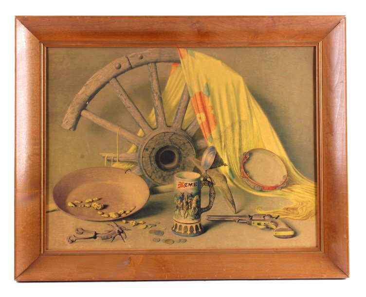 Acme Beer Framed Advertising Print: This is an Acme Beer framed advertising print. The print shows a gold pan with nuggets, a spur, wagon wheel, revolver, and an Acme Beer stein. The piece is in good condition with the original frame. T
