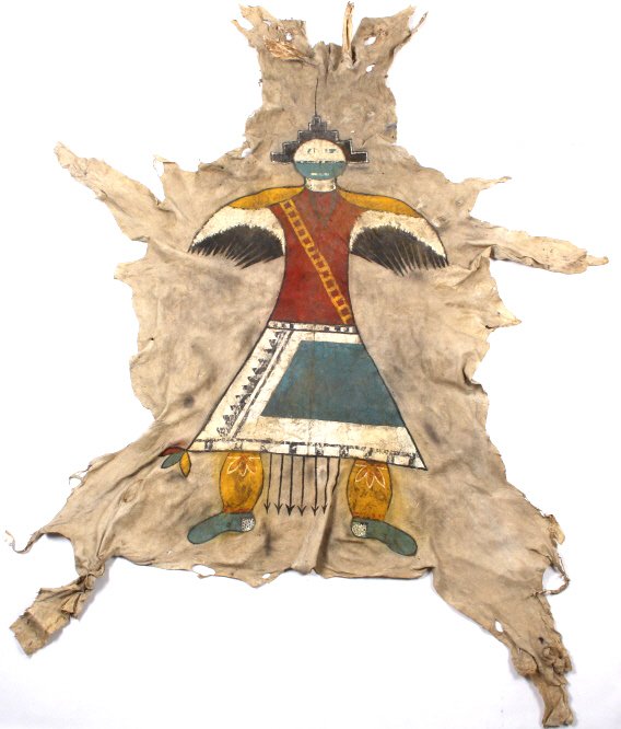 Apache Kachina Polychrome Painted Hide: This is an an excellent polychrome painted Apache Native American Indian hide from the 19th to 20th century. The excellent piece shows an Indian tanned hide with rich early paints. The Kachina pictori