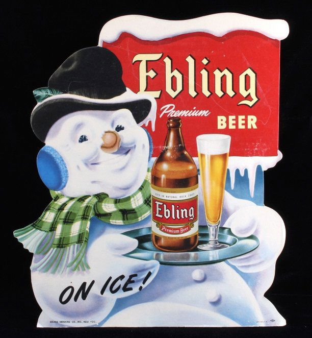 Ebling Frosty Snowman Die Cut Advertising Sign: This is an original Ebling Premium Beer die cut advertising sign. The sign shows Frosty the Snowman holding a tray of beer. The sign is marked at the bottom "Ebling Brewing Co., Inc., New York / Litho