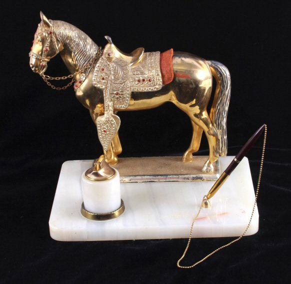 Kaysons Western Marble Executive Desk Set: This is a Western executive marble desk set made by Kaysons. The set features a metal horse sculpture, cigarette lighter and pen. The base and lighter are made from solid marble. The desk set shows go