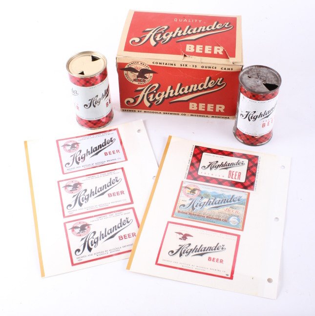 Highlander Missoula Beer Cans Labels & 12 Pack Box: This lot features two cans, a collection of early labels and 12 can box for highlander beer brewed in Missoula, Montana. The first Missoula Brewing Company was founded in 1890 by Joseph Wagner, locate