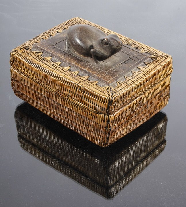 Eskimo Inuit Frog Totem Pine Needle Woven Box: This is a wonderful Eskimo Inuit Native American Indian woven lidded box showing a wonderful frog effigy totem carving. The piece is constructed of wood and woven pine needles and shows a very good we