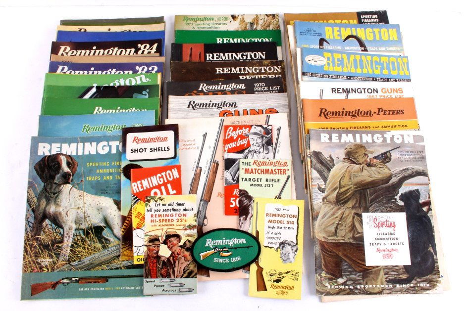 Remington Firearms Catalog Collection: This is a collection of Remington Firearms catalogs from the 1950's to the 1980's. Also included are several brochures for Remington Oil, shot shells, rifles, etc. The Remington catalogs are in good c