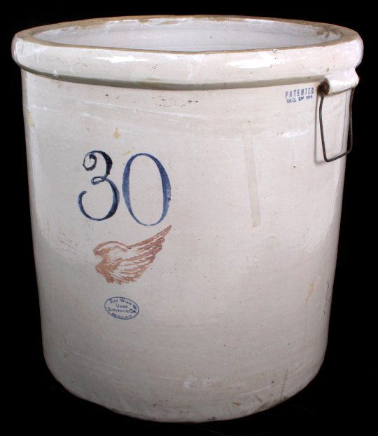 Red Wing 30 Gallon Crock Large Wing RARE: This lot features a Red Wing 30 gallon crock with the Large Red wing and lettering. This is an authentic mid to early 1900's Red Wing Union Stoneware 30 gallon crock with the large wing. This piece ha