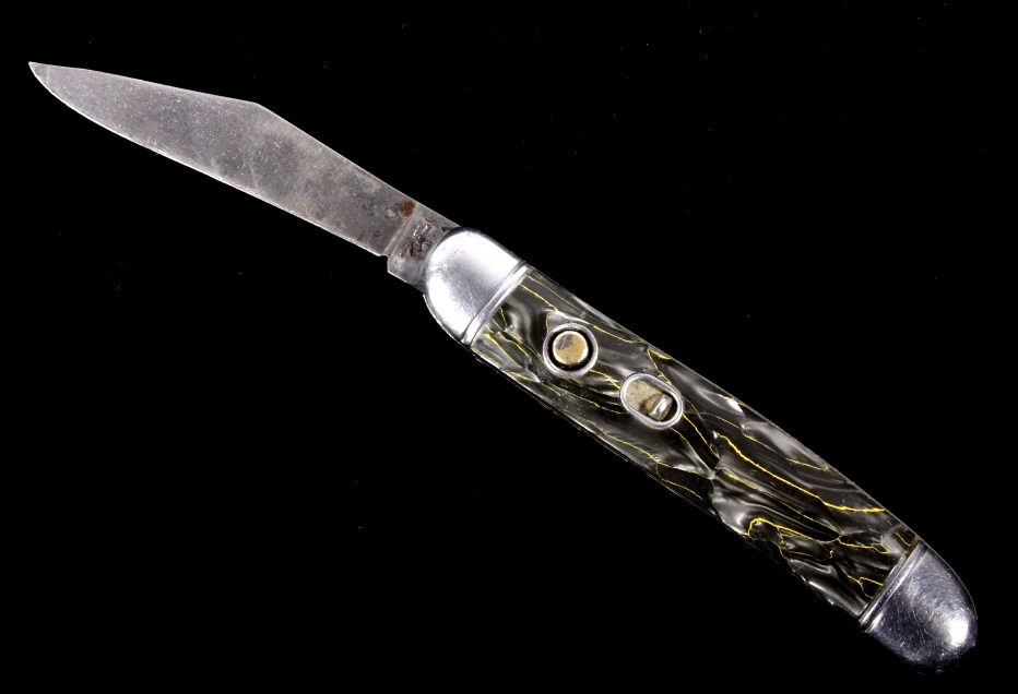 Hammer Brand Toothpick Switchblade c.1950's RARE: This is a rare original 1950's Hammer Brand (Imperial) switchblade (switch blade) push button knife, knick-named the "Toothpick". The piece shows the rare grey/silver/yellow marble like celluloid scal