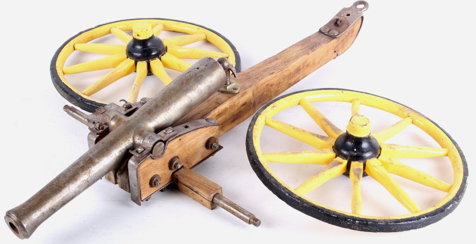 Functional Black Powder Jukar .70 Caliber Cannon: This lot features a functioning black powder Jukar .70 caliber cannon. This piece is a very cool working recreation of a brass field gun, it looks to be a one of a Napoleon 1857 model field gun common