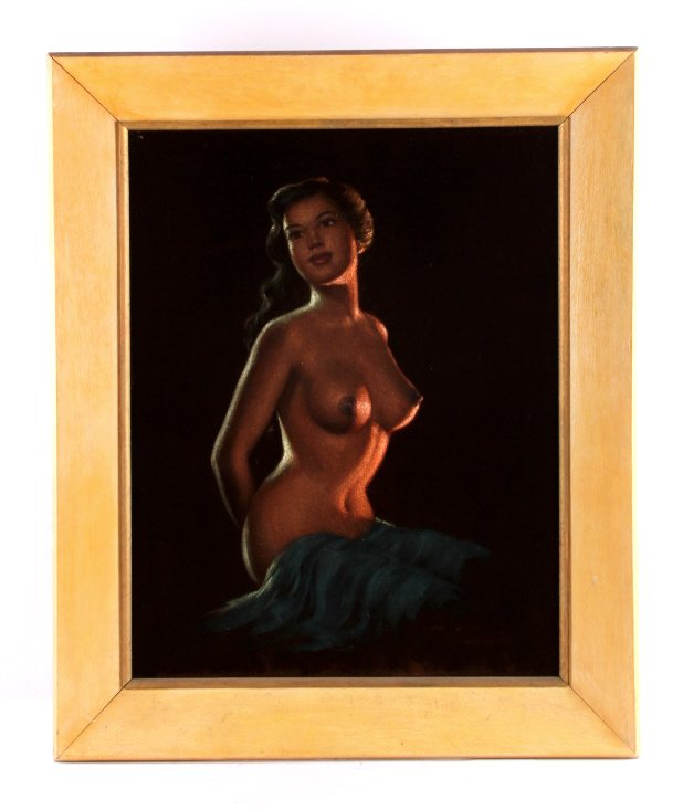 Ben Alano Nude Island Girl Velvet Painting: This is an original Ben Alano nude island girl painting on velvet. The painting shows the young woman with fine detail and tasteful appeal. The artist has signed the piece in the lower right corner Be