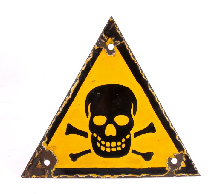 WWII Nazi Skull & Crossed Bones Porcelain Sign: This is a World War II porcelain enamel sign from the Nazi Germans. The sign shows a triangle shape with a yellow background, black border, and iconic black skull and crossed bones. Slight loss to por