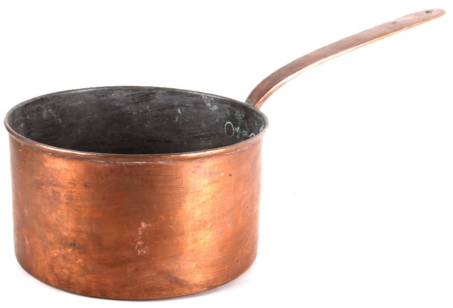 Dovetailed Copper Saucepan With Heart Handle 1850: This lot features a beautiful dovetailed copper saucepan with hand hammered heart handle. This piece is a wonderfully crafted example of functional art. This piece shows a hand hammered heart handle a
