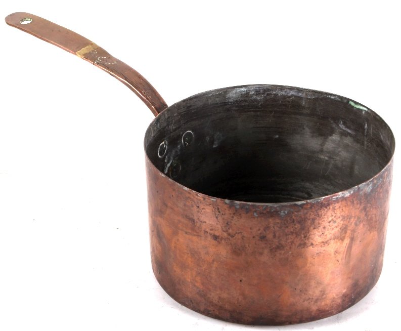 Dovetailed Copper Saucepan With Heart Handle 1850: This lot features a beautiful dovetailed copper saucepan with hand hammered heart handle. This piece is a wonderfully crafted example of functional art. This piece shows a hand hammered heart handle a