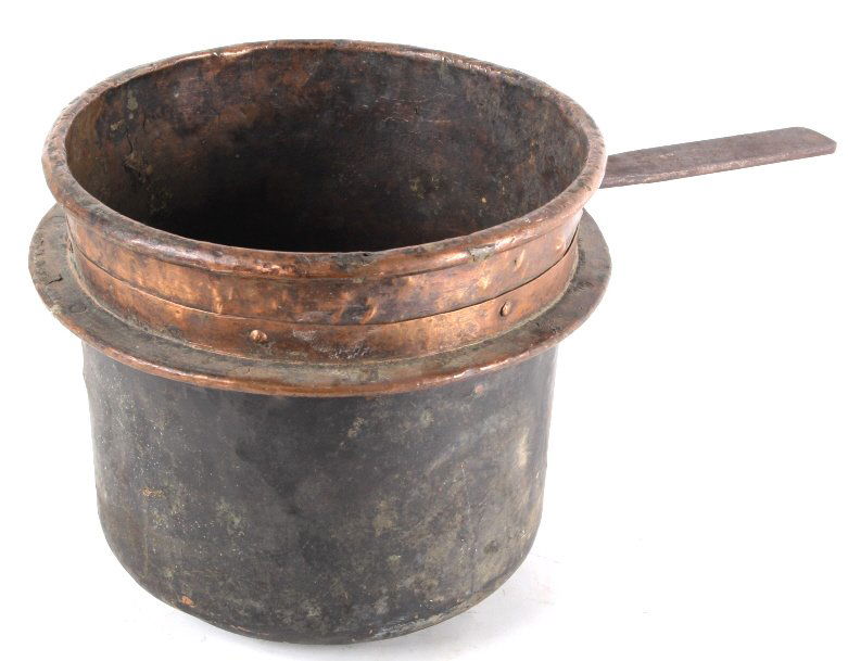 Antique Copper Cooking Well Kettle C.1880's: This lot features a antique copper cooking well kettle from the 1880's. This hand hammered kettle shows great character and features a cooking skirt to allow is to set inside a wooden stove for hotter