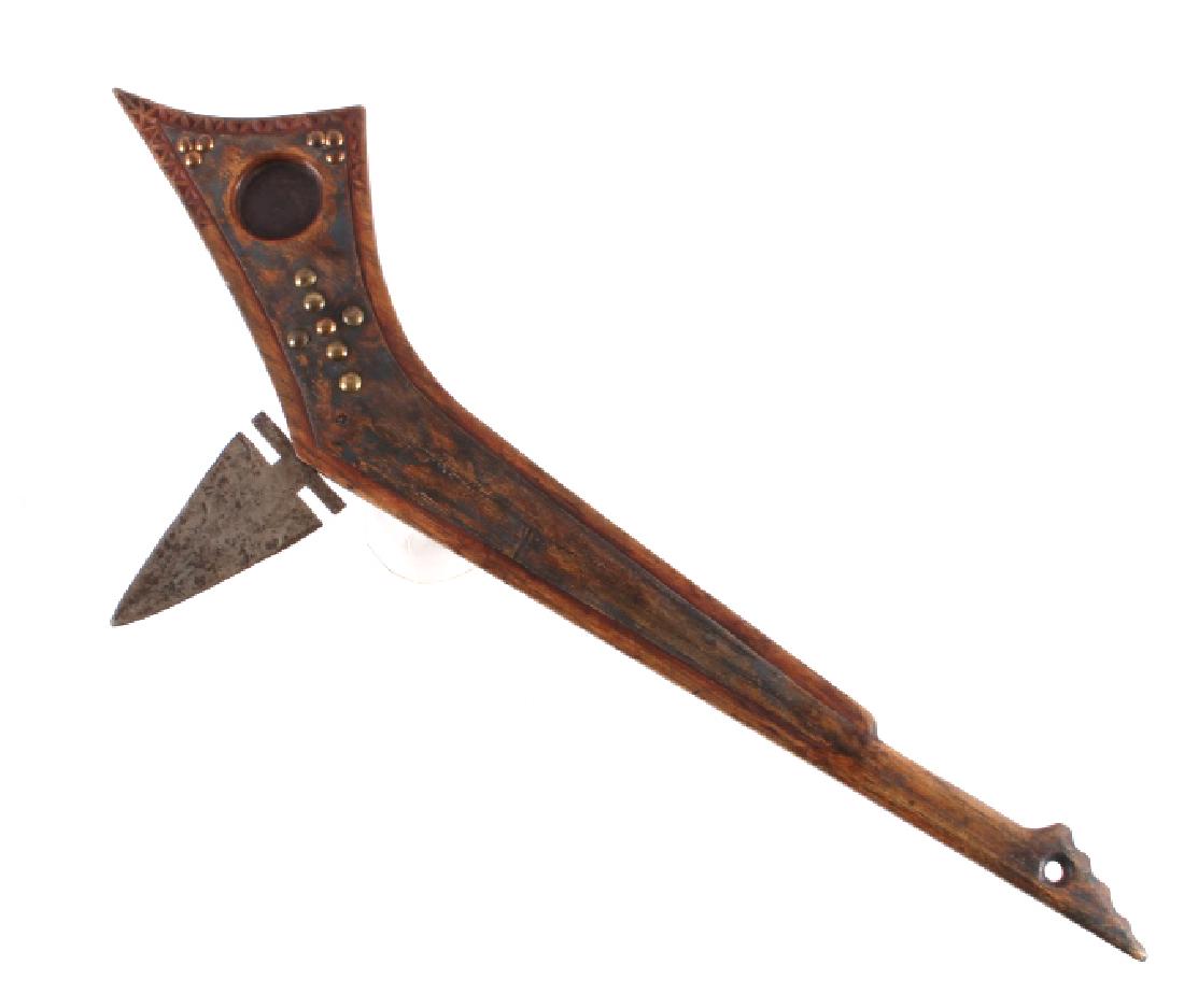Prairie Region Gunstock War Club c. 1890-1910: This is an exceptional and important authentic Prairie Region Gunstock War Club from the Ex Crissman-Francis collection. The excellent piece is most likely Osage or Pawnee Native American Indian, and