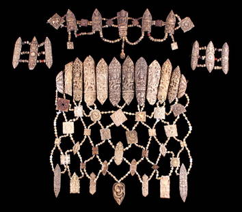 Tibetan Ritual Bone Apron Crown Cuffs 18th/19th C.: This is an extremely RARE Tibetan prayer ritual apron with crown and cuffs from the 18th to 19th century. The apron shows twelve oblong plaques at the top. Each of the bone plaques shows a finely hand