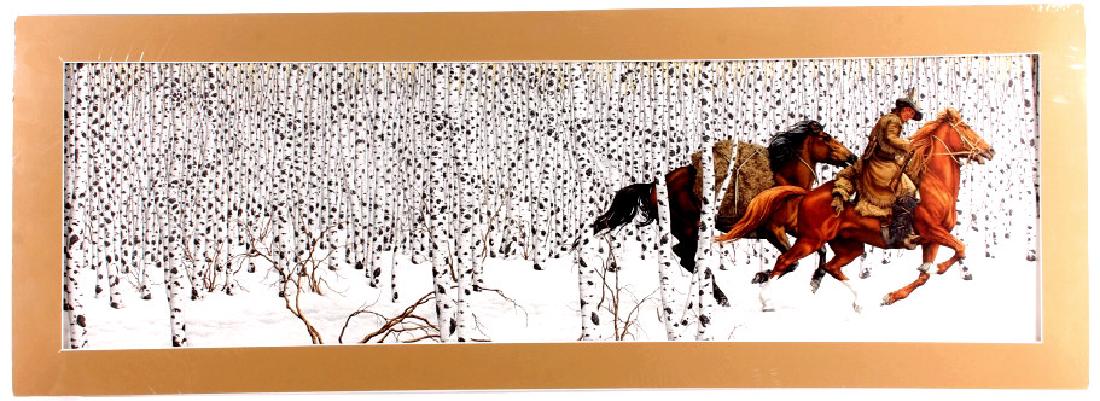 Bev Doolittle Sacred Ground Limited Edition Print: This is a Bev Dolittle limited edition print titled "Sacred Ground". The piece shows a mountain man on horseback riding through land considered sacred by Native Americans. The print is a limited editi