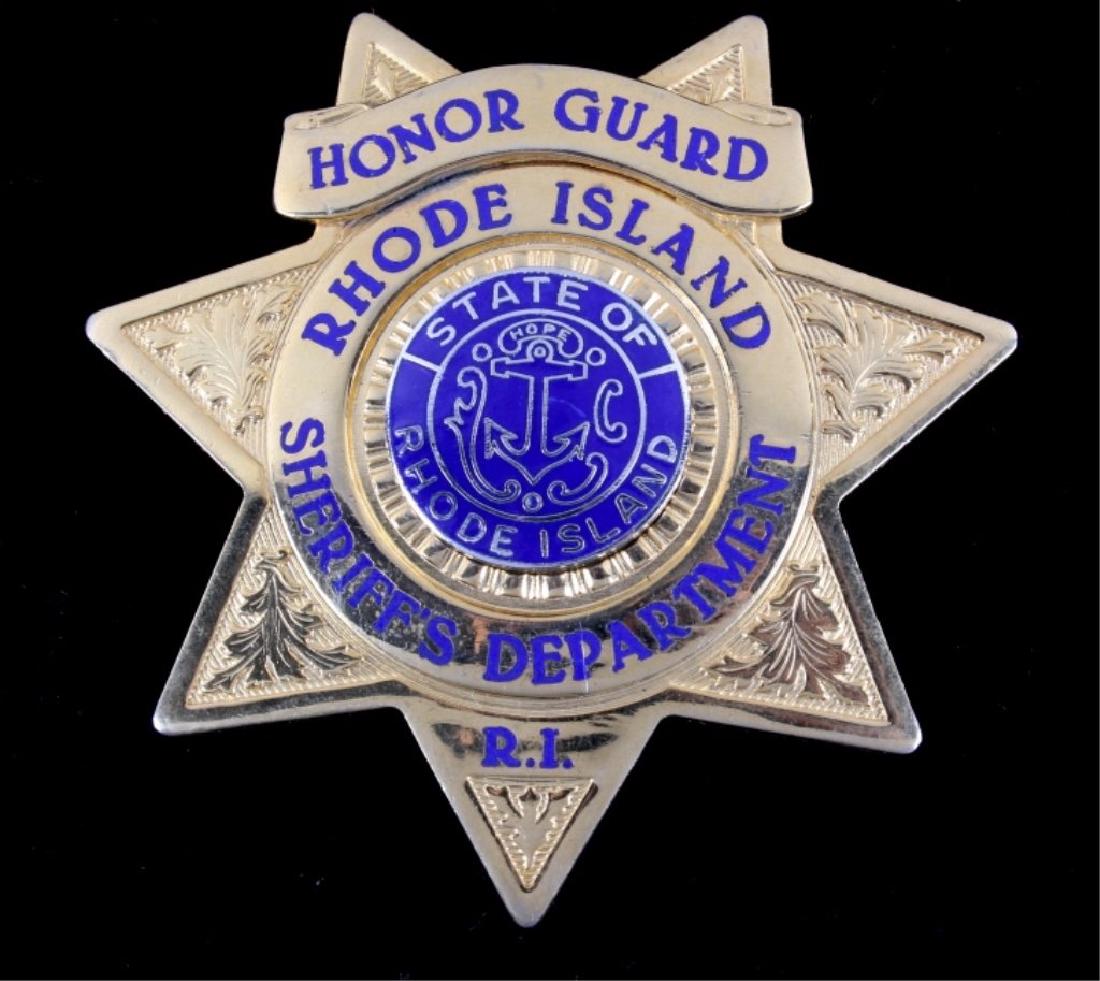 Rhode Island Sheriff's Dep. Honor Guard Badge: This is a State of Rhode Island Sheriff's Department Honor Guard badge. The piece has a brass construction with etched star and large round shield in center with blue enamel lettering and the impressi