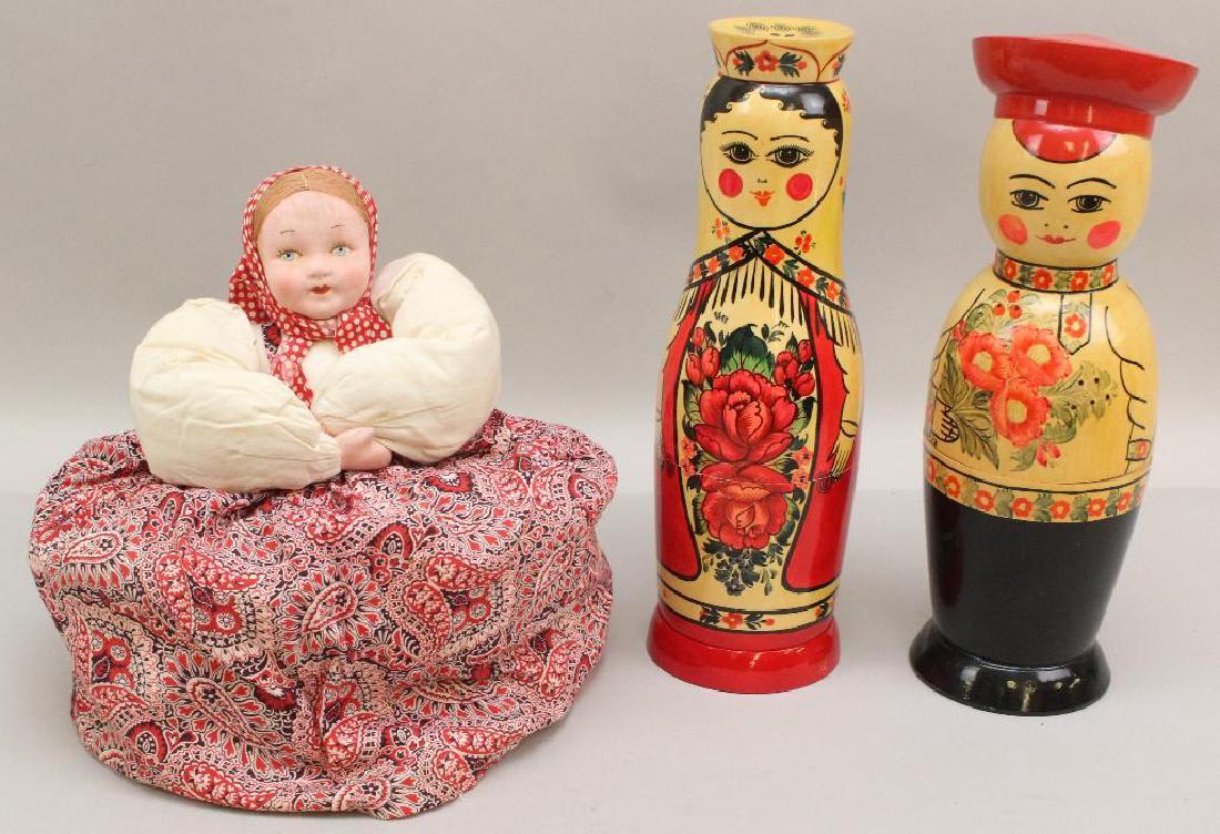 LOT OF (3) TAGGED RUSSIAN ITEMS: TEACOZY & (2) BOTTLE (1 of 4)