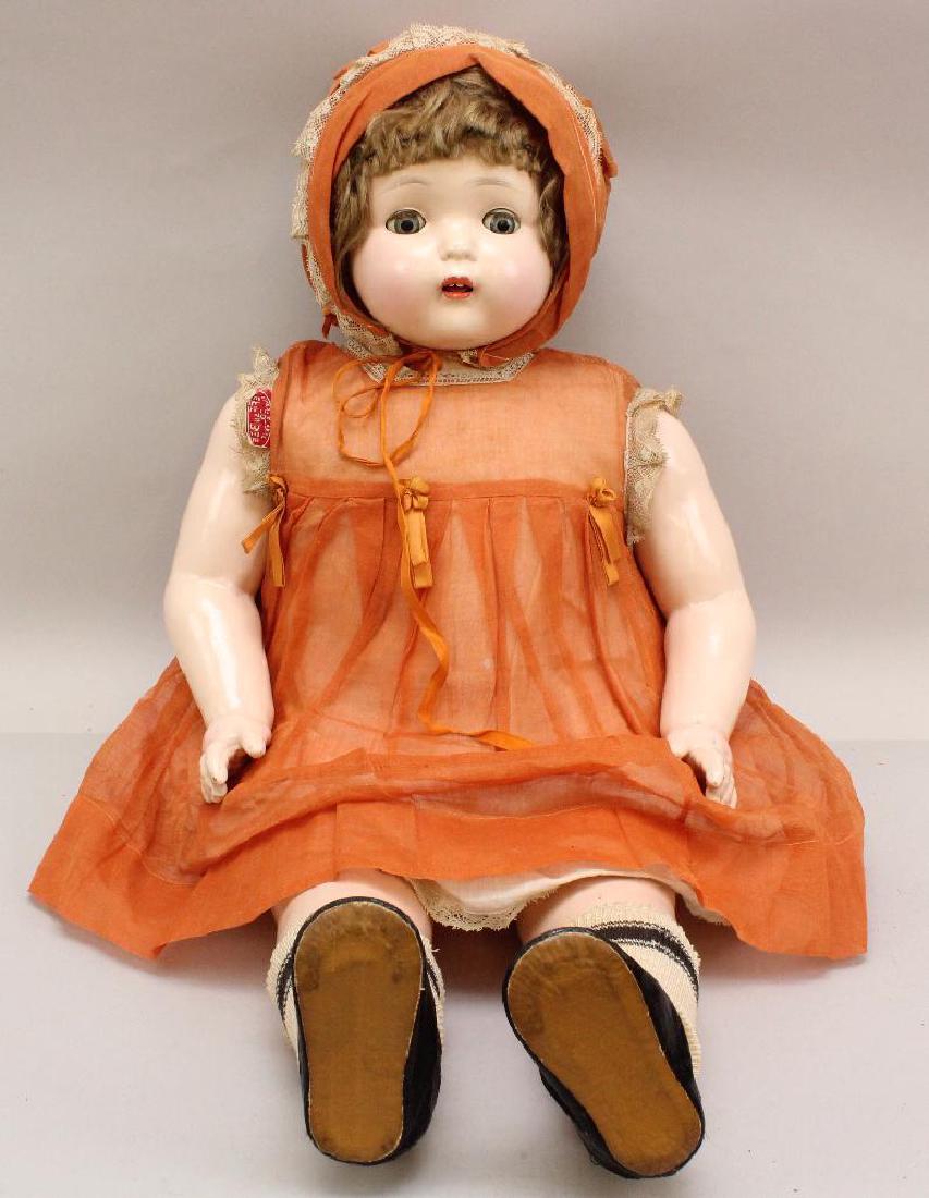 27" ALL ORIGINAL TAGGED EFFanBEE 1920's COMPOSITION: Blue sleep eyes, open mouth, brown mohair wig. Composition shoulder head, arms and lower legs. Cloth body. Dressed in tagged burnt orange organdy dress with matching bonnet, cotton underwear, black oi