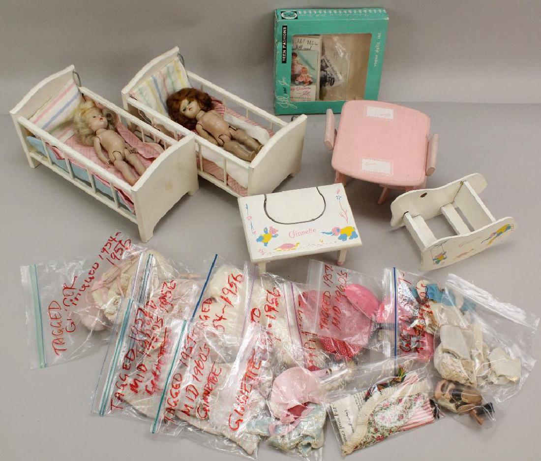 VOGUE FAMILY LOT: (2) PL SLW GINNY DOLLS; GINNETTE &: This is an original owner lot. Dolls - both dolls have PL, SLW bodies. One has a blonde flip, the other auburn hair. Condition: both have lashes/brows that are turning green. Wigs have been played wit