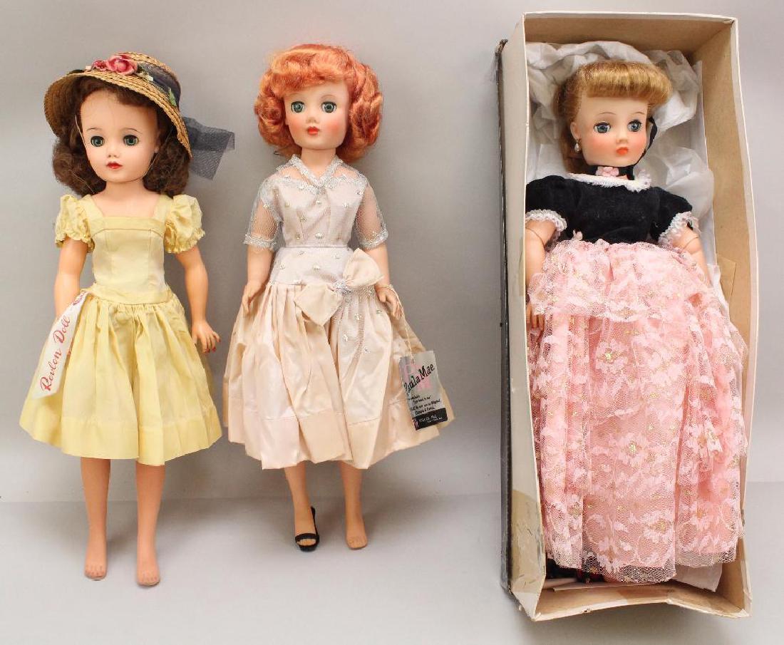 LOT OF (3) ALL ORIGINAL VINYL FASHIONS DOLLS: REVLON,: All of the dolls have blue sleep eyes. 19" Ideal "Revlon Doll" with brown hair. Dressed in tagged yellow tafetta dress with Revlon doll by Ideal ribbon. Tafetta underwear, stockings, no shoes. Decorat