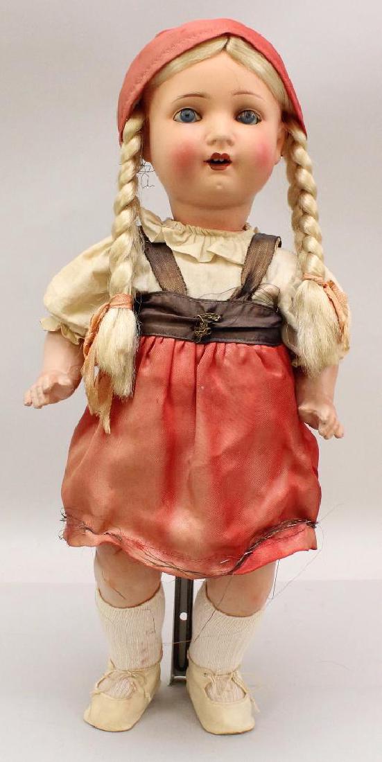 17 1/2" S(PB IN STAR)H 170-2 GERMANY ANTIQUE PAINTED: Stationary blue eyes, open mouth, original blonde synthetic braided wig. 5 Pc. papier mache toddler body. Crier mechanism is still in working order. Dressed in original clothing and oilcloth shoes. Co
