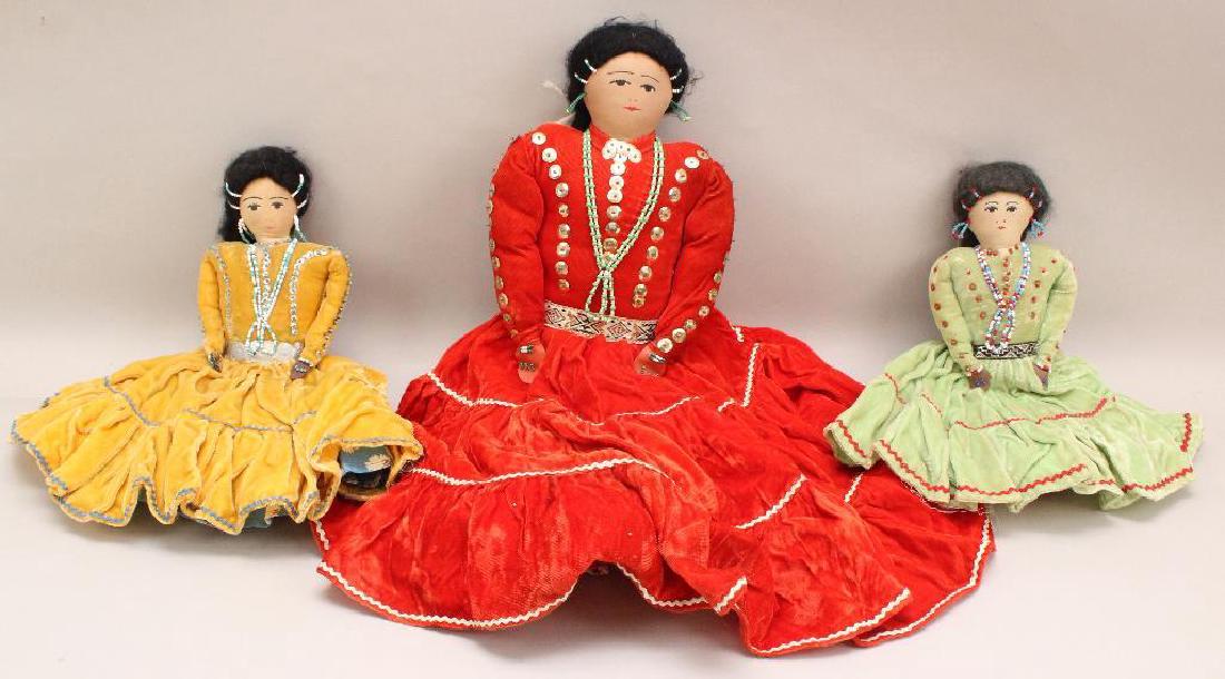 LOT OF (3) ALL ORIGINAL CLOTH NAVAJO DOLLS: 12", 12",: All of the female dolls are dressed in velvet : gold, lime green, orange; beadwork trim. Felt boots are part of body. Condition: age discoloration/fading to clothing.