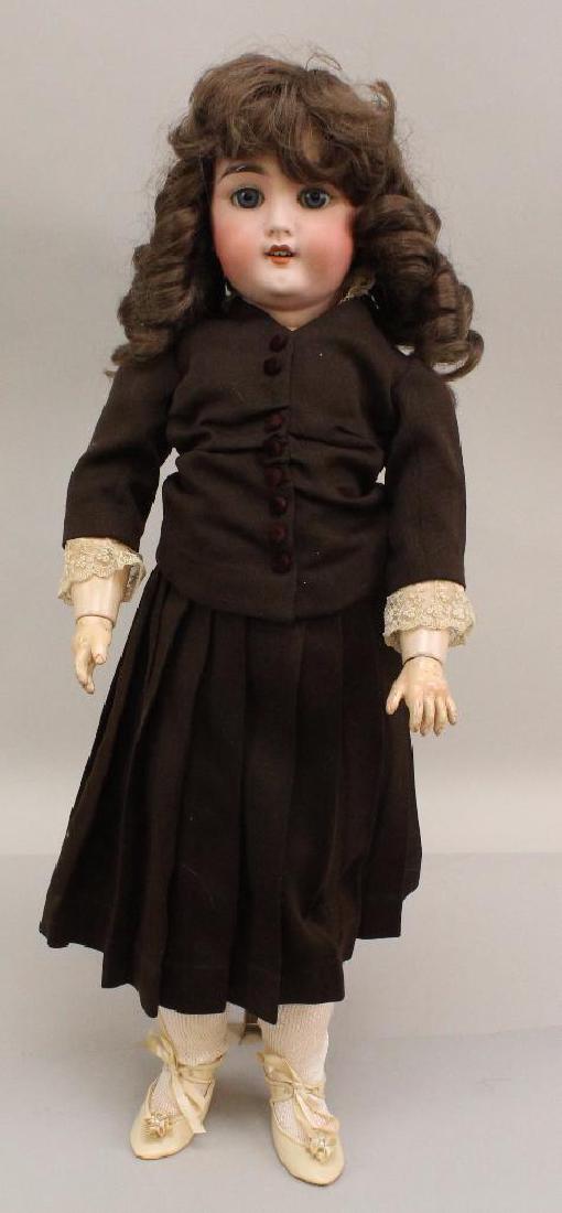 24" "101" 10 1/2 MY SWEETHEART B J & CO. ANTIQUE: Blue sleep eyes, open mouth, replaced wig. Papier mache ball jointed body. Dressed in antique brown gabardine 2 pc. outfit . No underwear. Newer shoes, socks. Conditon: nothing observed on bisque afte