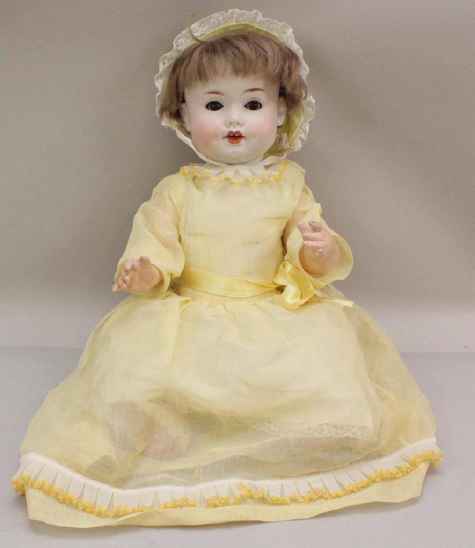 17" MADE IN GERMANY H/S 7 ANTIQUE BISQUE HEAD CHARACTER: Brown sleep eyes, open mouth, brown mohair wig. Very clean 5 pc. papier mache bent limb baby body. Dressed in vintage yellow organdy dress and companion bonnet, underwear and ivory oilcloth shoes. Con