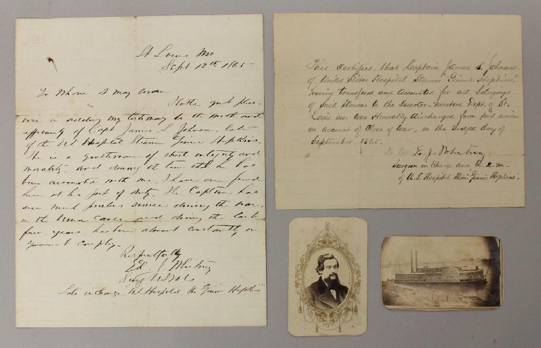 Civil War Documents and CDV's-Hospital Ship: Grouping of Civil War documents and carte-de-visite photographs related to the hospital ship Ginnie Hopkins. Group includes; 1.) Letter of recommendation for Captain James S. Johnson of the US Hospita