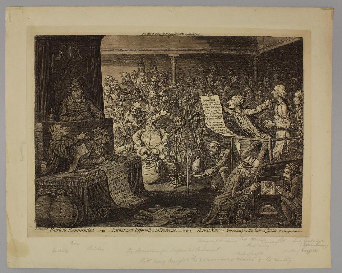 British 18th century Political Etching: Etching titled "Patriotic regeneration, -viz. Parliament reform'd, a la Francoise, -that is- honest men (i.e. -opposition.) in the seat of justice. Vide Carmagnol Expectations" by James Gillray a