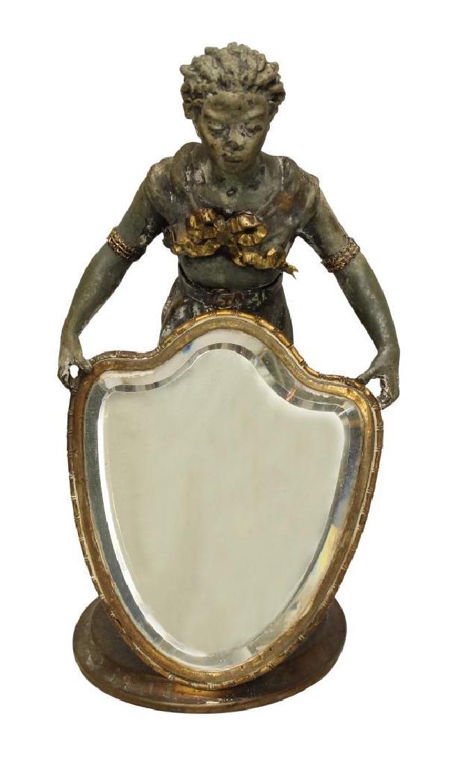 Blackamoor Table Mirror: Cast metal figure with gilt accents, supporting mirror. 9"h x 5"w