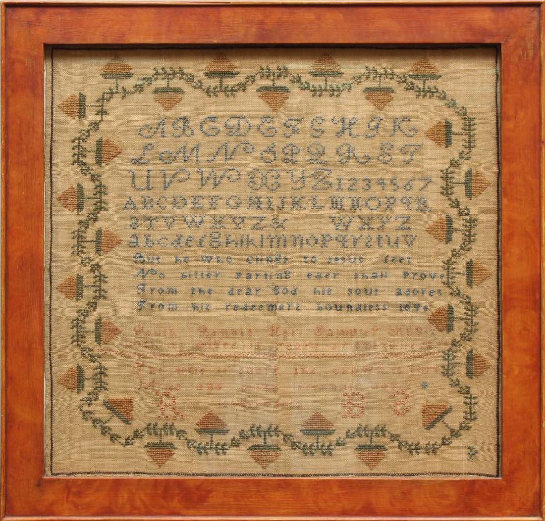 Needlework Sampler: Alphabet and scripture, framed under glass, 19.5"h x 20.5"w.