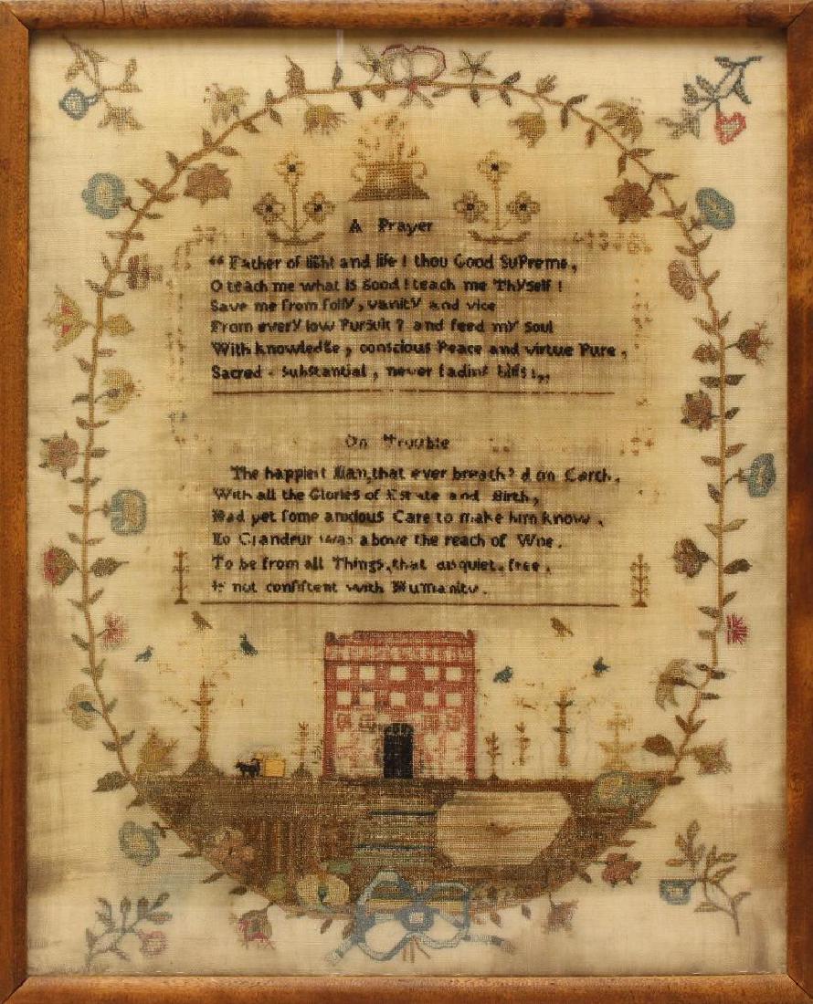 English Needlework "A Prayer... On Trouble" circa 1815: Needlework on linen, stitched with poems of "A Prayer" and "On Trouble" and a red house and trees with birds, surround with a wreath of flowers. 15.5"h x 12.25"w
