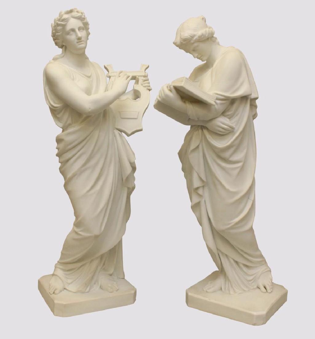 Pair of Classical Figural Sculptures: Parian ware, 24"h.